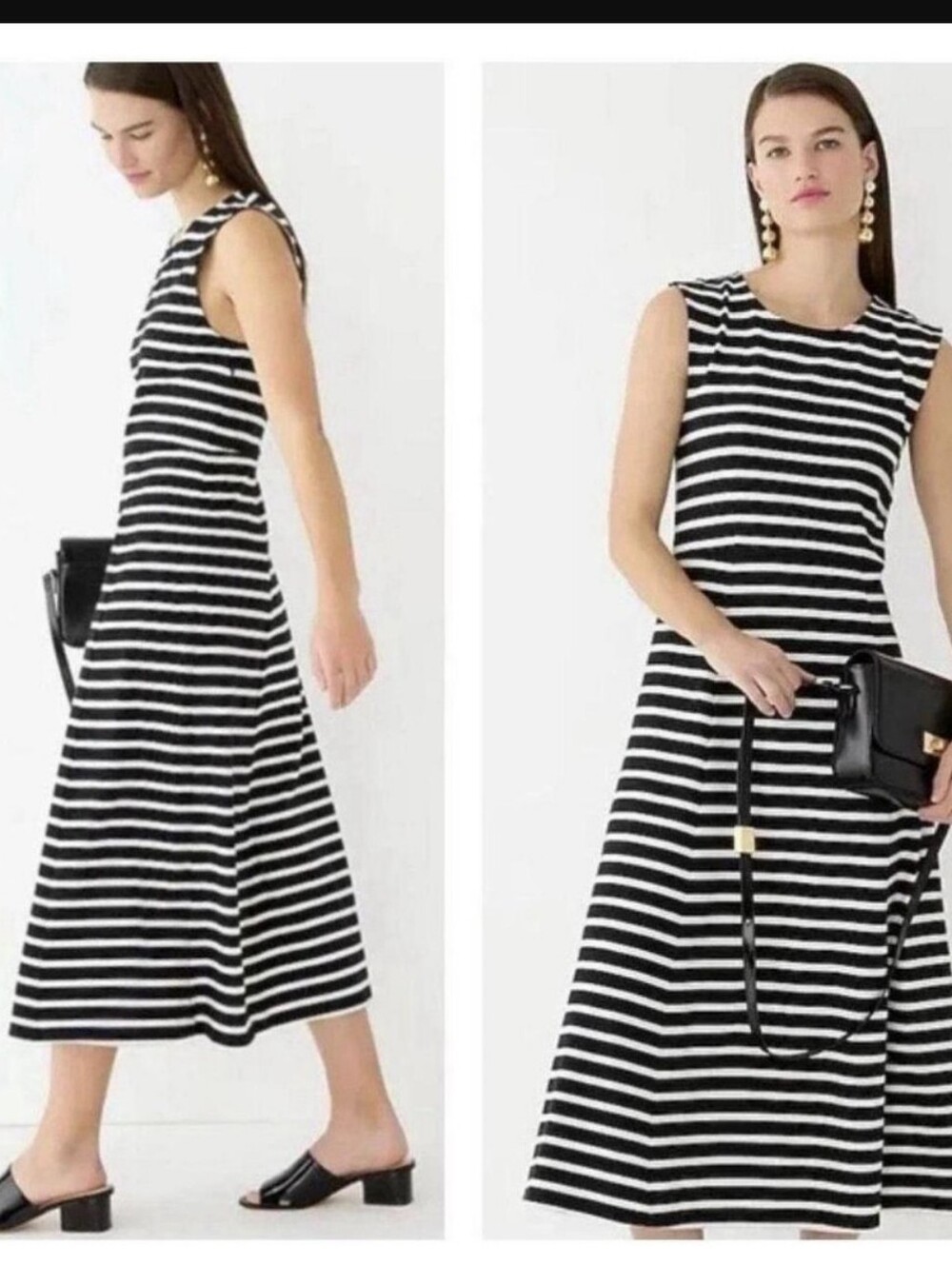 J. Crew Black and White Striped Cap Sleeve Knit Midi Dress (Style BP914) L Large
